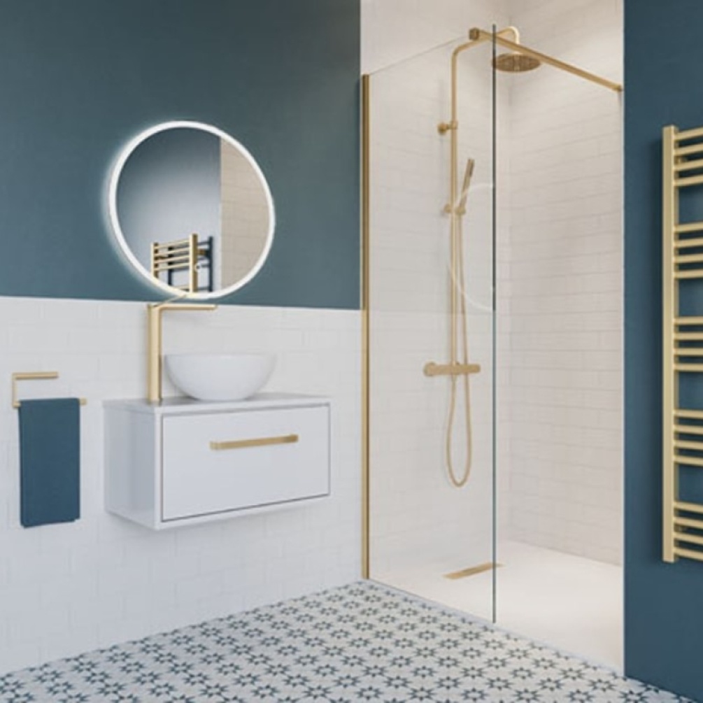 Product Lifestyle image of the Crosswater Central Brushed Brass Multifunction Thermostatic Shower Pack as part of a complete brushed brass roomset